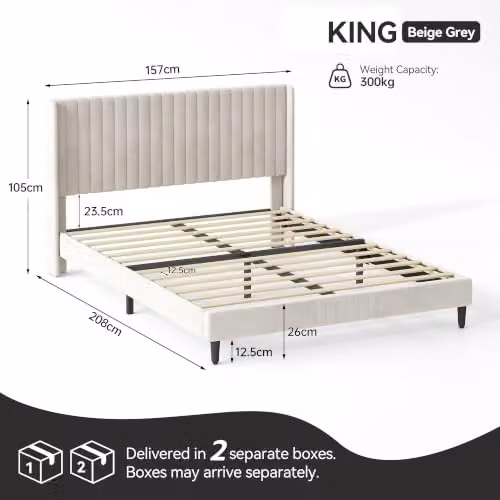 MCC Direct Charlie Velvet Upholstered King Size Bed Frame in Beige, W/D/H: 180 x 200 x 105 cm – 2