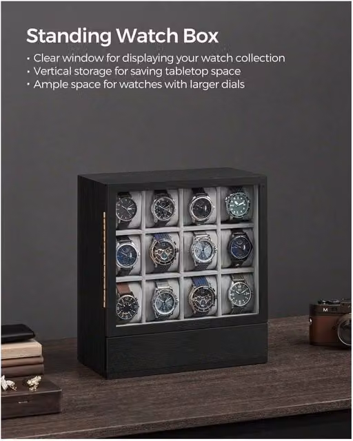 SONGMICS 12-Slot Wooden Watch Display Box with Window, Black