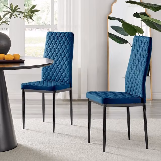 FurnitureboxUK Set of 4 Milan High Back Diamond Pattern Velvet Dining Chairs in Navy Blue with Black Metal Legs – 1