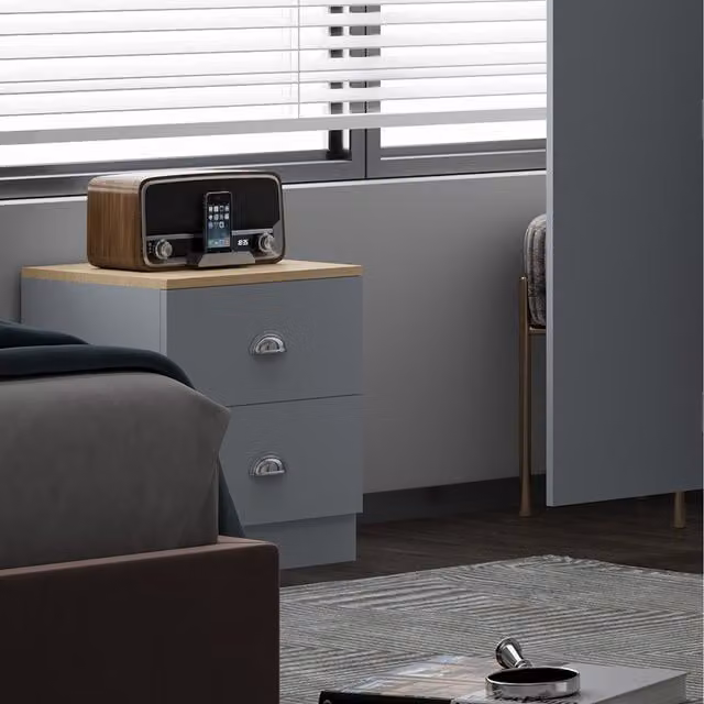FWStyle Esher 2 Drawer Bedside Table with Oak Top in Grey