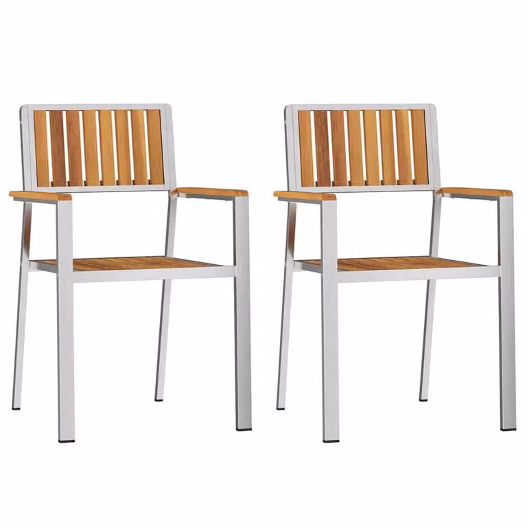 Berkfield Home Stackable Garden Chairs, 2 Piece Set in Silver Acacia Wood and Stainless Steel