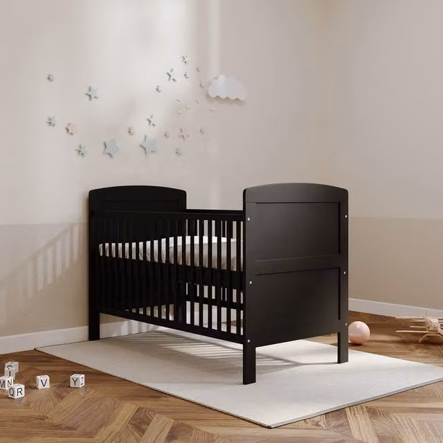 Viculii Modern Black Wooden Baby Cot Bed with Drop Side and Matt Finish