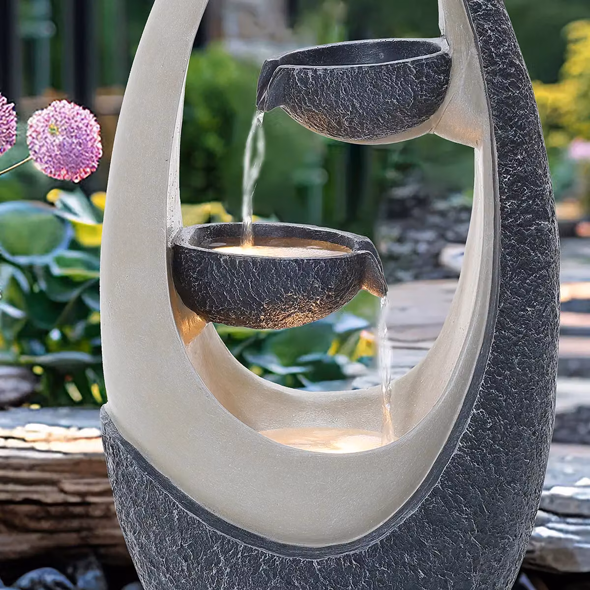 Charles Bentley 2 Tier Oval Cascading Water Feature with LED, Mains Powered, Grey and White, W/D/H: 59.5 x 30.0 x 23.5 cm – 3