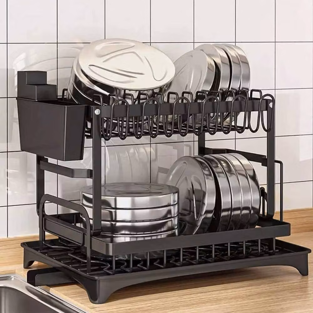 FLAVORA Black 2 Tier Metal Dish Drainer Rack with Drip Tray and Cutlery Holder – 4