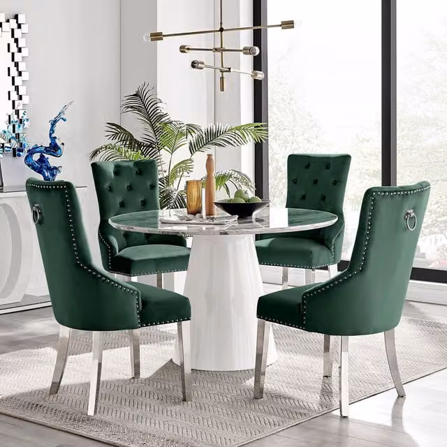 Furniturebox Palma White Marble Effect Round Dining Table and 4 Belgravia Green Chairs