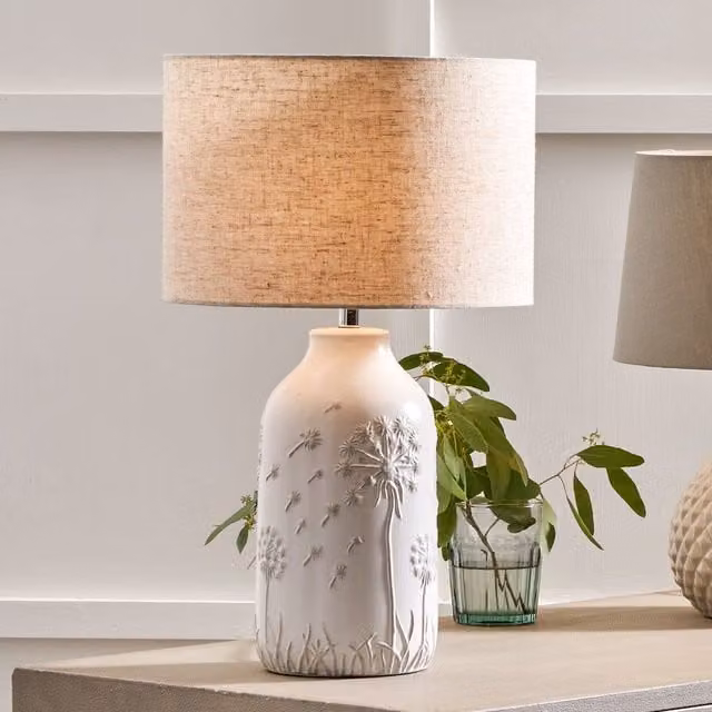 Ruma White Dandelion Embossed Ceramic Table Lamp with Fabric Shade – 1