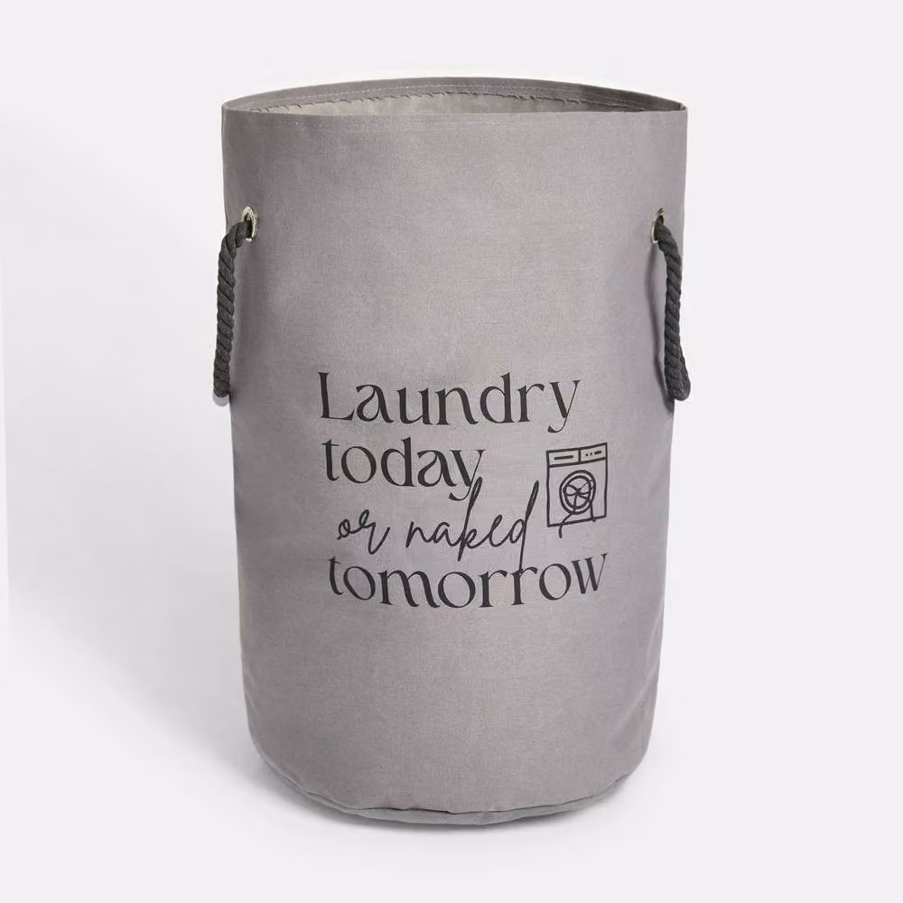 OHS Slogan Round Collapsible Fabric Laundry Hamper Bag with Rope Handles in Grey – 2