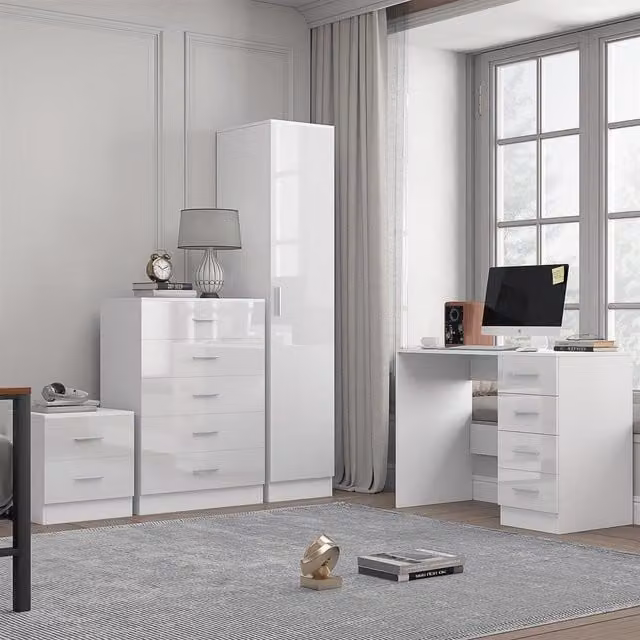 REFLECT White High Gloss Bedroom Furniture Set Including 1 Door Wardrobe, 5 Drawer Chest, Bedside Table and Desk