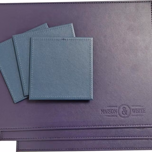 Maison & White 12 Piece Faux Leather Placemats and Coaster Set in Blue