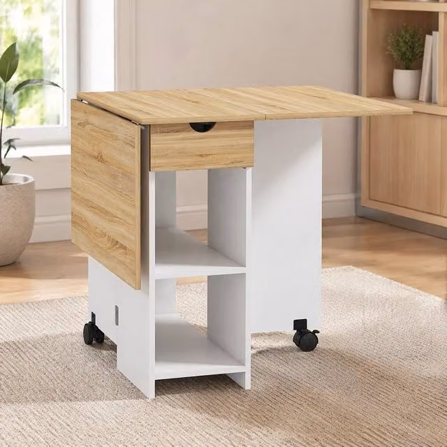 STILVORA Modern Rectangular Drop Leaf Dining Table with Storage in Light Oak – 1