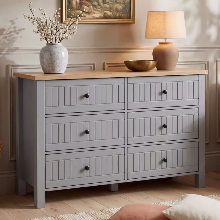 DHS Linra Grey Painted 6 Chest of Drawers Bedroom Dresser W/D/H: 120 x 42 x 80 cm
