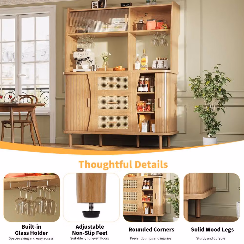 BTM Tall Kitchen Storage Unit with Glass Doors in Beige, Sand and Brown, W/D/H: 140 x 40.5 x 174.5 cm – 3