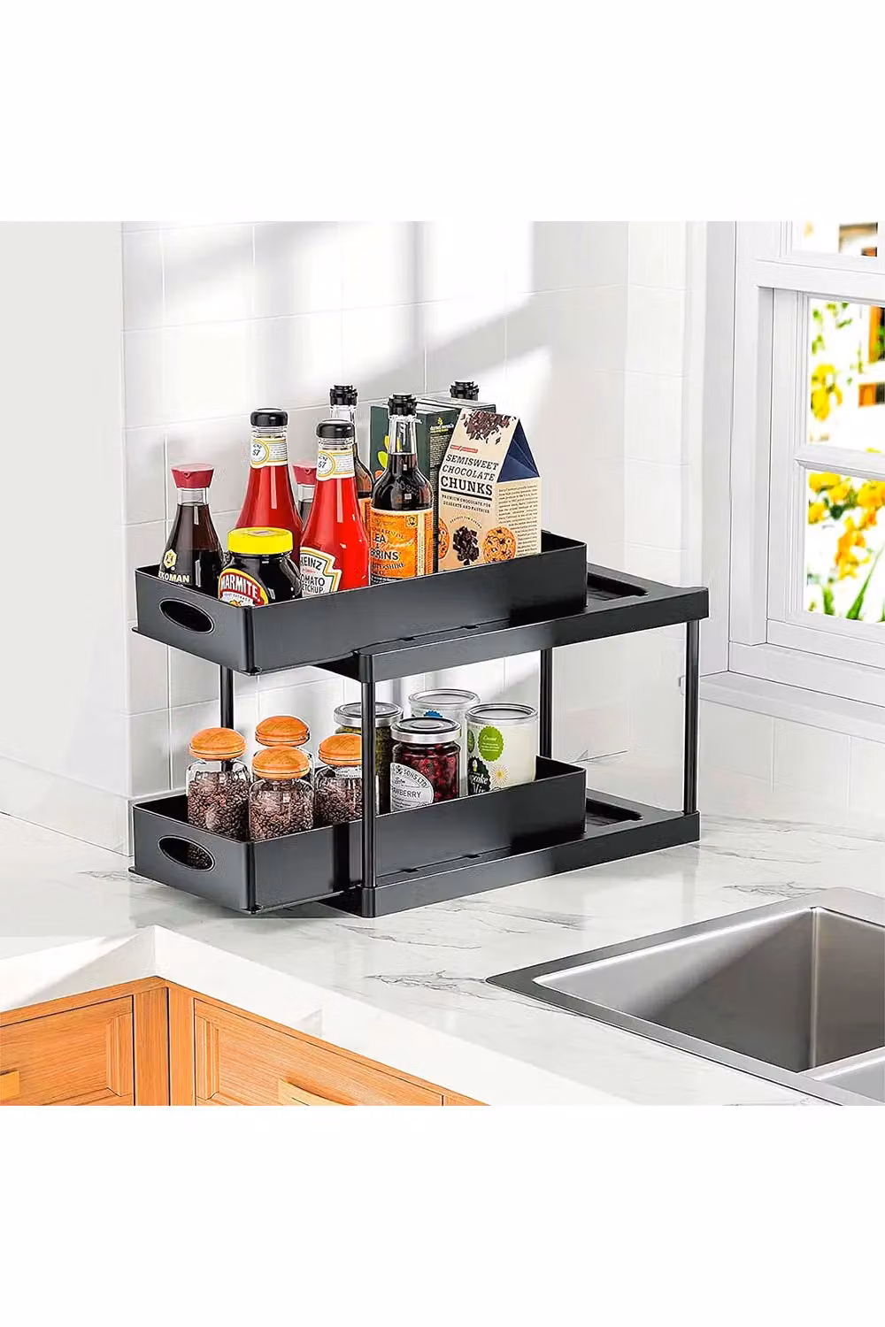 Living and Home 2-Tier Spice Rack Cabinet Organiser with Sliding Drawers, Black, W: 33.5 cm, D: 38.0 cm – 2