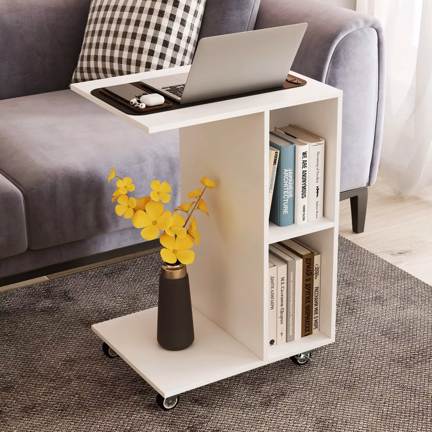Costway C-Shaped End Table with Storage Shelves in White – 4