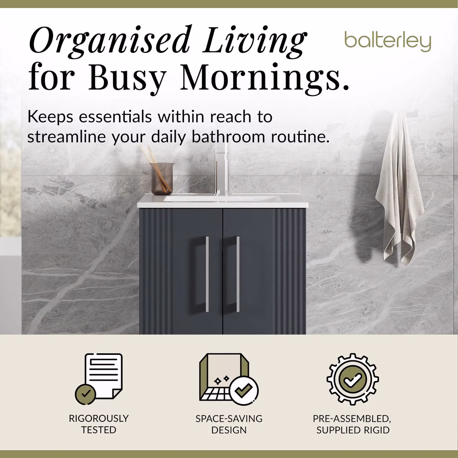 Balterley Grey Floor Standing Bathroom Vanity Unit with Rectangular Basin and Soft Close 2 Doors – 2