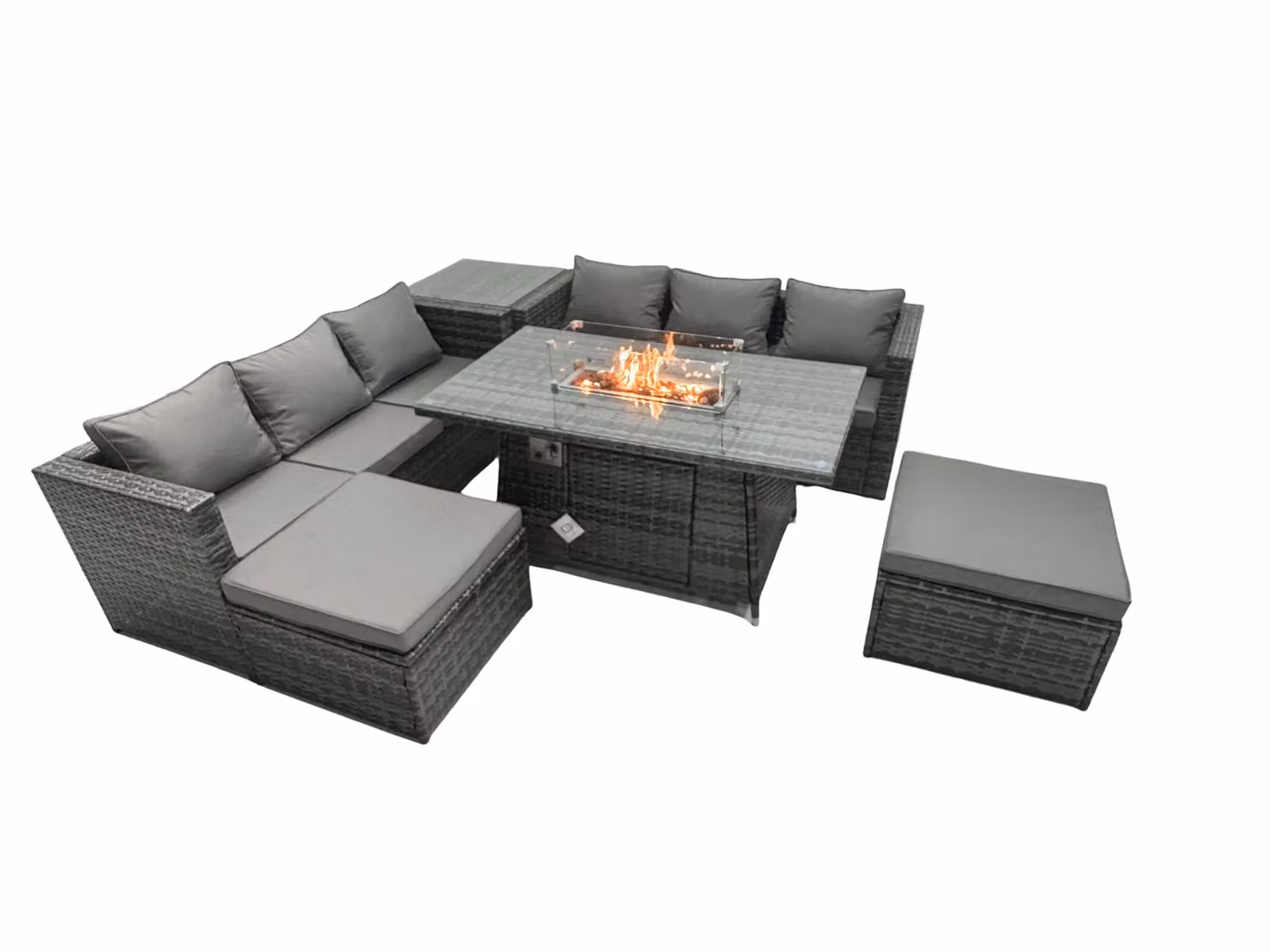Fimous 6 Seater Rattan Garden Furniture Firepit Dining Set with Lounge Sofa, Table, Side Tables and 2 Footstools in Dark Grey – 2