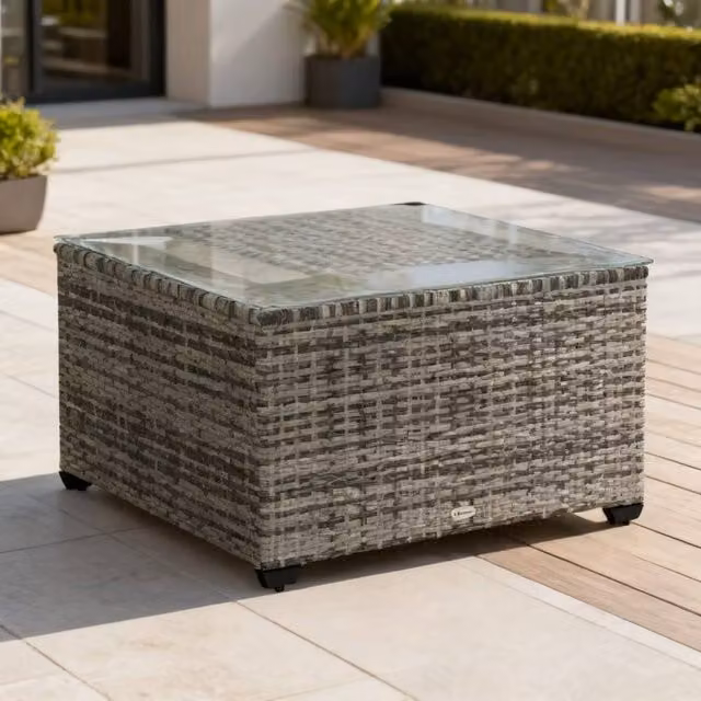 ERGOVEXA Grey Polyrattan Square Side Table with Glass Top, W/D/H: 62 x 62 x 38 cm