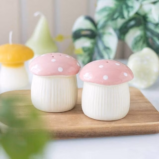 Uniqueful Pink Dotted Mushroom Ceramic Salt and Pepper Shakers