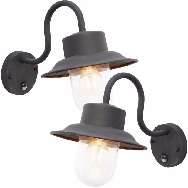 Loops 2 Pack Black Steel Maritime Outdoor Wall Lantern with Motion Sensor and Timer, IP44 Rated