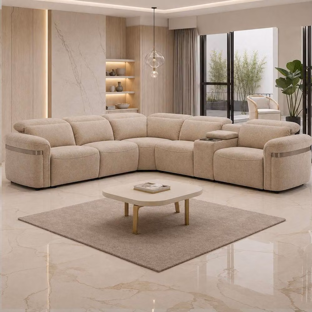 Furnishings For Less UK Buxley Beige 5 Seater Electric Reclining Corner Sofa with Console, USB Charging, LED Lighting and Cup Holders – 2