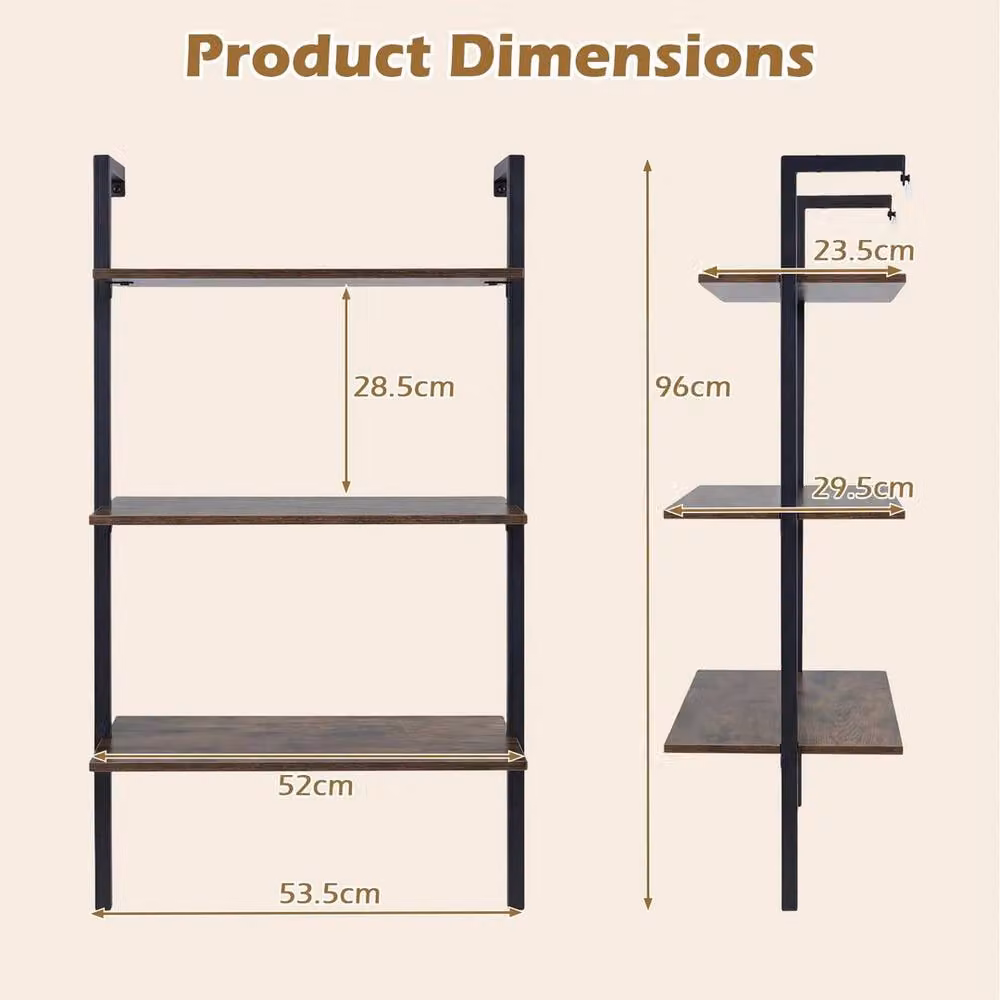 KORVIXA 3-Tier Industrial Wall Mounted Ladder Shelves in Brown, W/D/H: 100 x 100 x 100 cm – 2