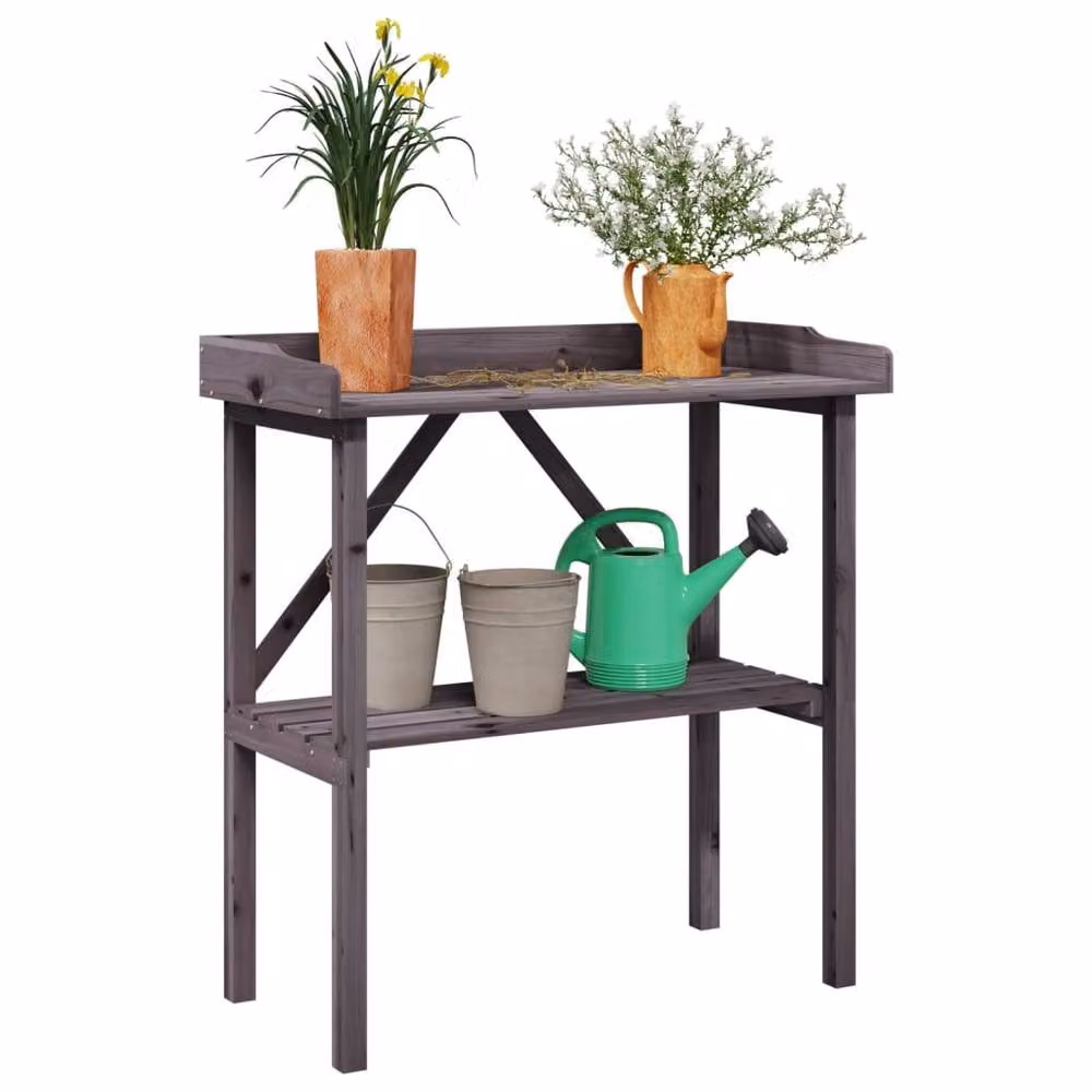 Berkfield Home Grey Rustic Solid Wood Plant Table with Shelf, W: 78 cm, D: 38 cm, H: 82.5 cm – 2