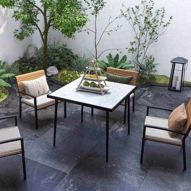 Outsunny Modern Square Outdoor Dining Table for 4 with White Marble Effect Top