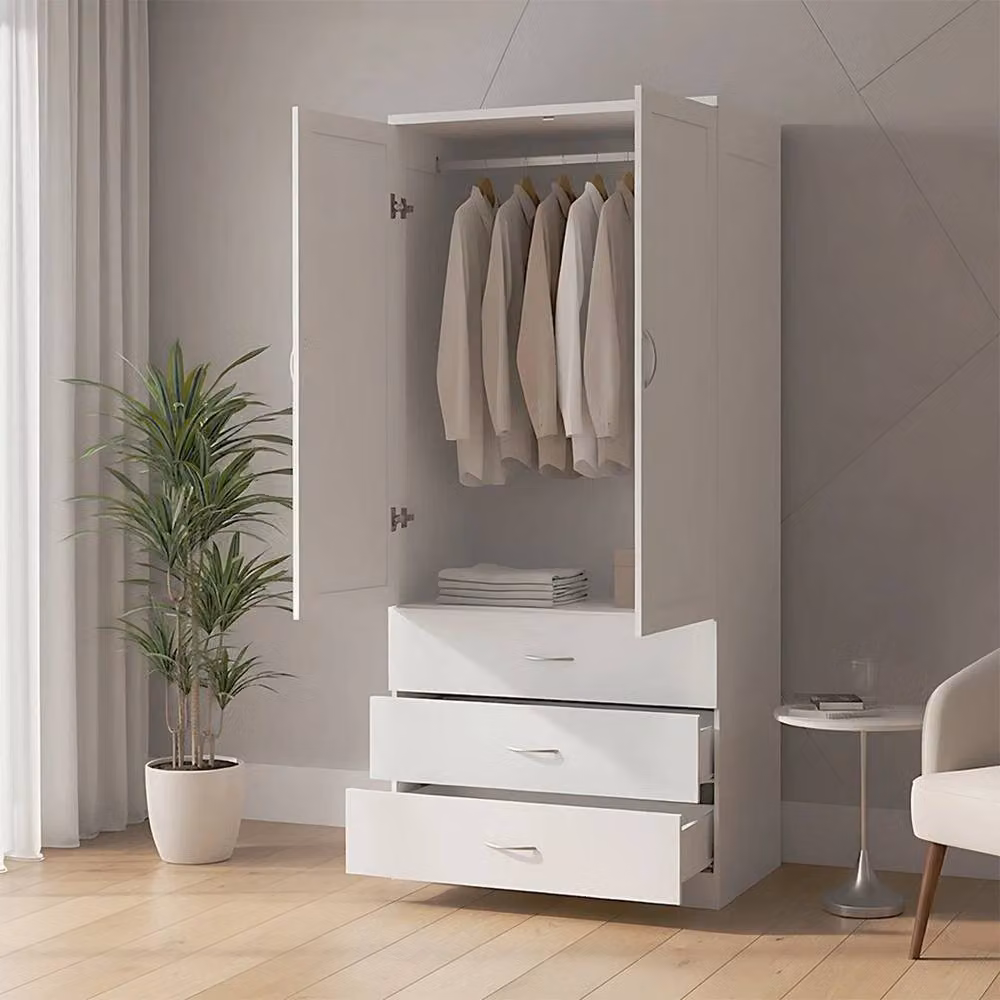FLAVORA Modern White Wooden 2 Door Wardrobe with Integrated Drawers and Hanging Rod – 3