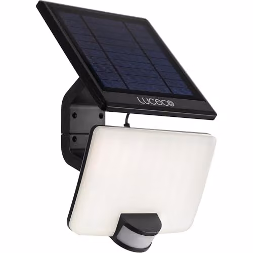 Luceco Solar Powered LED Outdoor Floodlight with PIR Motion Sensor, 1500lm, 11W, 4000K Cool White, Black, IP65, Adjustable
