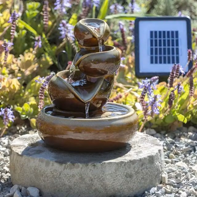 Primrose Solar Ceramic 3 Tier Cascade Oil Jar Water Feature in Brown, Diameter: 25 cm – 1