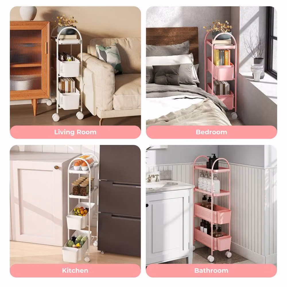 Levede 3 Tier Narrow Trolley Cart with Hanging Storage Basket in White – 4