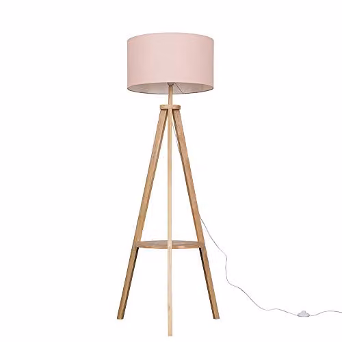 ValueLights Morrigan Modern Wood Tripod Floor Lamp with Pale Pink Fabric Drum Shade and LED Bulb