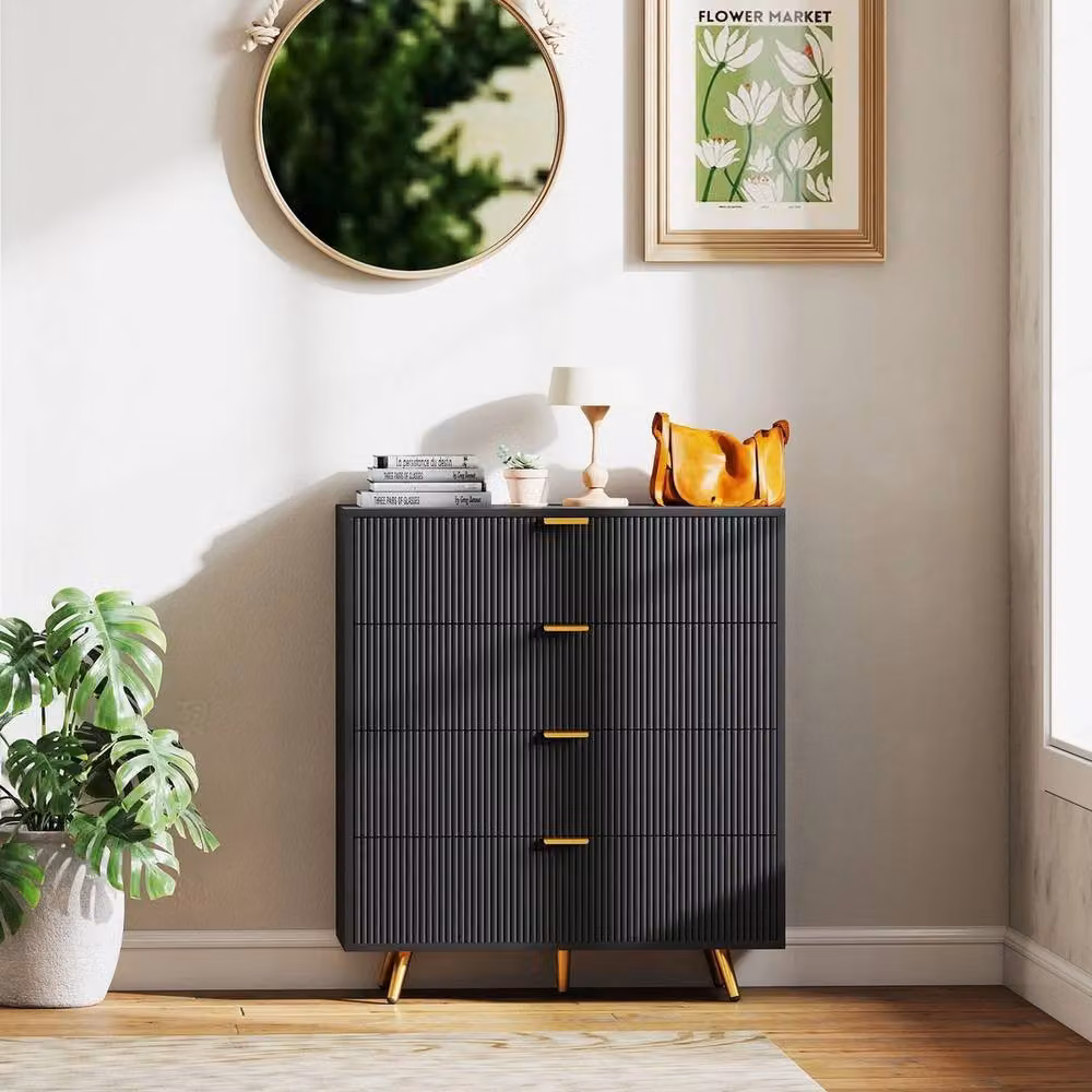 NESTLUNE Modern Black Chest of Drawers with 4 Drawers for your Bedroom, Width: 100 cm, Depth: 15 cm – 4