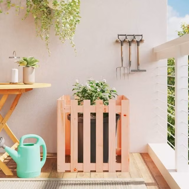 Berkfield Home Garden Planter with Fence Design in Brown, Solid Wood, W/D/H: 60 x 60 x 60 cm