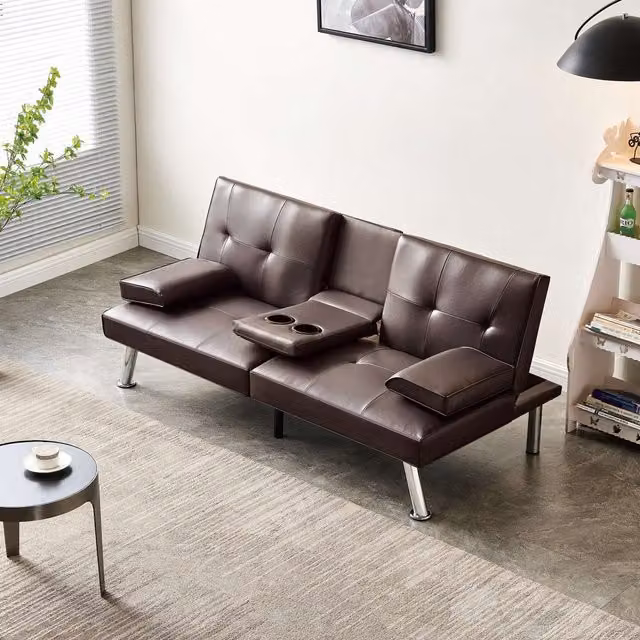 WestWood Manhattan Faux Leather Click Clack Sofa Bed in Brown with Cup Holders and Scatter Cushions