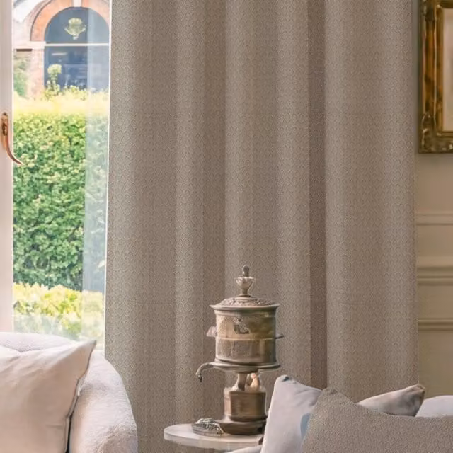 HOUSE Llewelyn-Bowen Made To Measure Semi-Transparent Linen Curtains in Beige and Grey with Oak Leaf Floral Design
