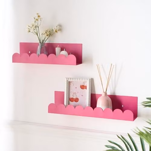 OHS Set of 2 Scallop Wall Mounted Floating Shelves in Pink – 1