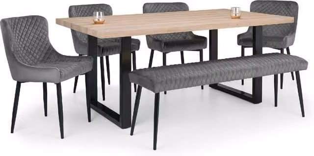 Julian Bowen Berwick Rectangular Dining Set with Table, Low Bench and 4 Chairs in Grey and Oak