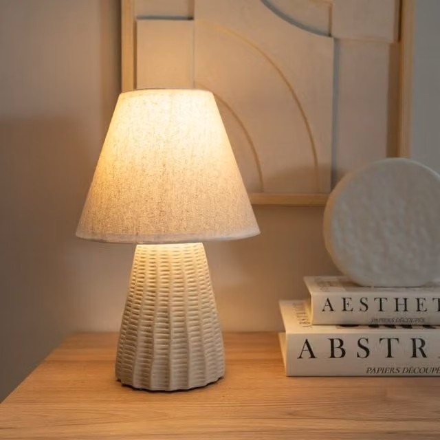 ValueLights Pair of Beige Ceramic Table Lamps with Fabric Shades and LED Bulbs – 2