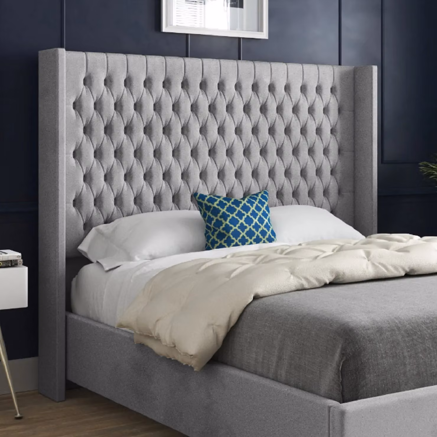 Casani Volta Straight Winged Upholstered Soft Velvet Bed Frame in Grey, W/D/H: 140 x 200 cm – 2