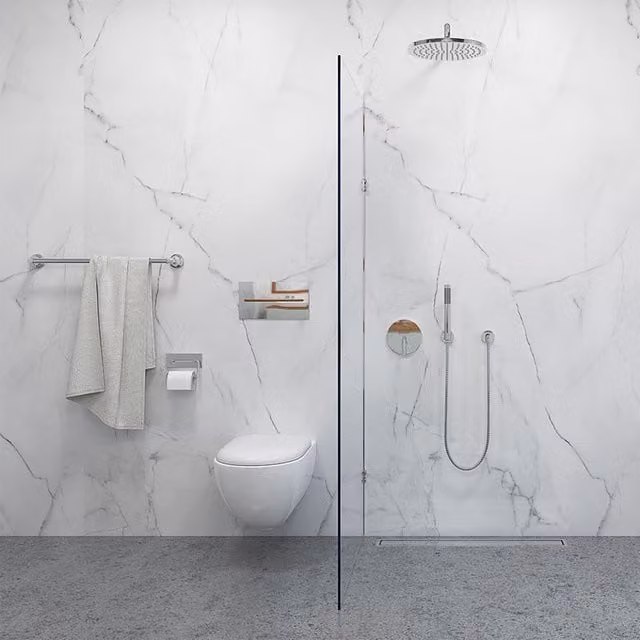 Wetwall Elite Double Post Formed Atena Marble Shower Panel in White Stone Look