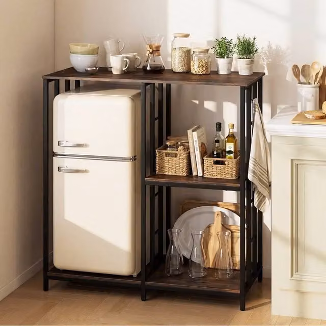 Costway Kitchen Baker's Rack and Mini Fridge Stand with 4 Shelves in Brown
