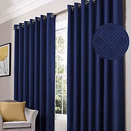Alan Symonds Diamond Blackout Eyelet Curtains, Blue, Width: 228.6 cm, Drop: 228.6 cm