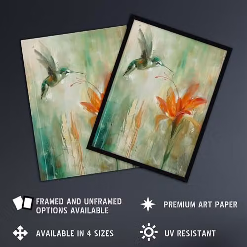 Artery8 Daylily Flower and Hummingbird Wall Art Poster Print in Orange and Green, W/H: 46 x 61 cm – 2