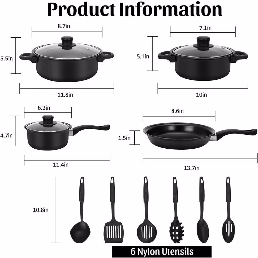 Nordara 13 Piece Non Stick Pots, Saucepan and Frying Pan Set with Glass Lids, Black – 2