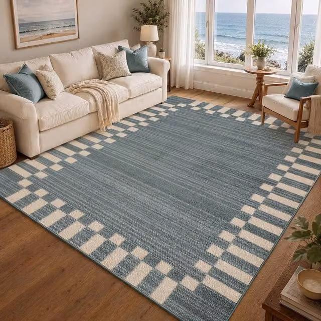 Livabliss Fifth Avenue Checked Border Rug in Blue, W/D: 200 x 275 cm