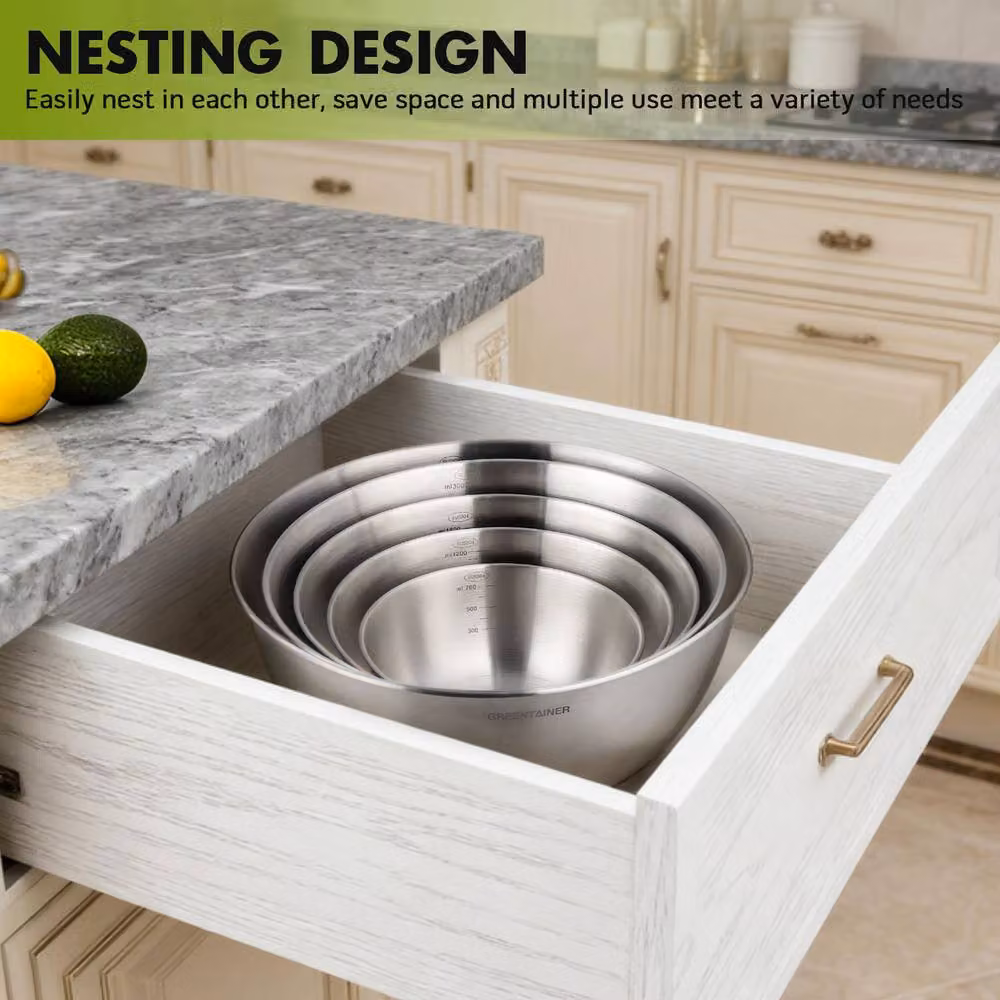 Greentainer 5-Piece Stainless Steel Round Nesting Bowls Set in Silver – 6