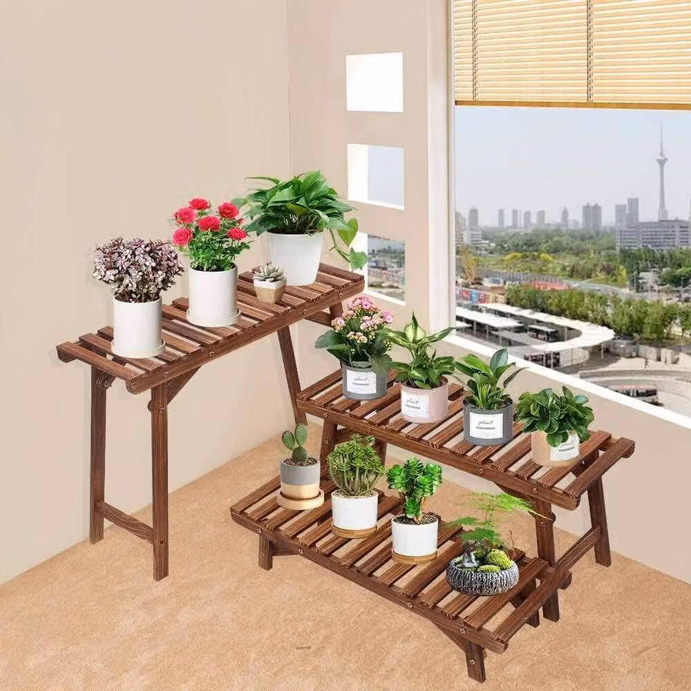 KORVIXA 3 Tier Rustic Wood Ladder Plant Stand, Brown, H 70 cm x W 15 cm x D 15 cm – 3