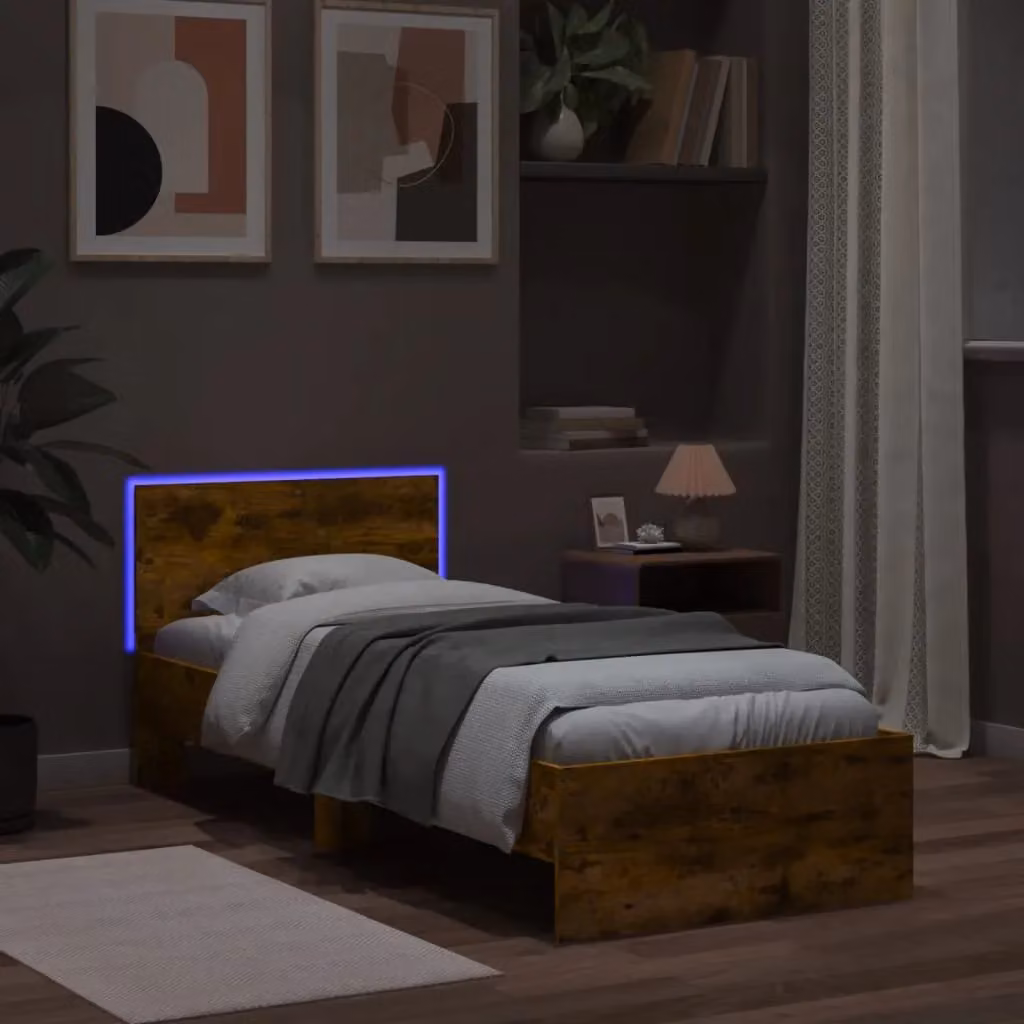 Berkfield Home Small Single Bed Frame in Smoked Oak with LED Under-Bed Lighting and USB Charging Port, W/D/H: 75 x 190 cm – 3