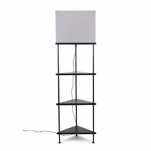 ValueLights Black Wooden 3 Tier Corner Floor Lamp with Grey Fabric Shade and 4W LED E27 Warm White Bulb
